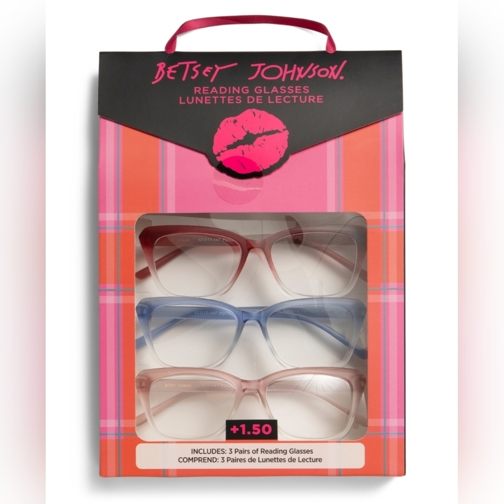 Betsey Johnson Pink, Blue, and Cream Glasses Trio 2.0 & 2.5 Strength